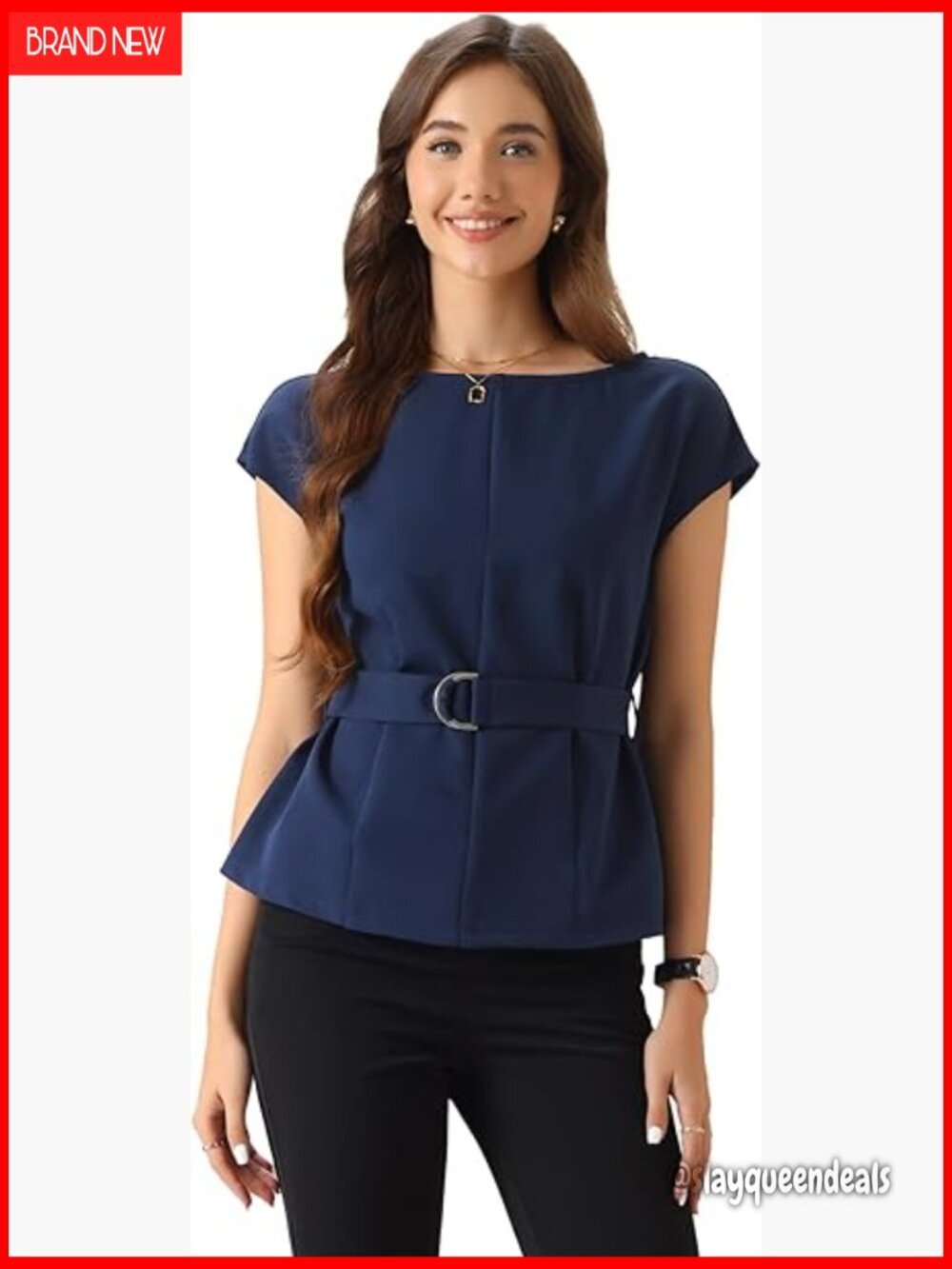 Peplum Blouse with Belted Waist, Boat Neck, Cap Sleeves for Office